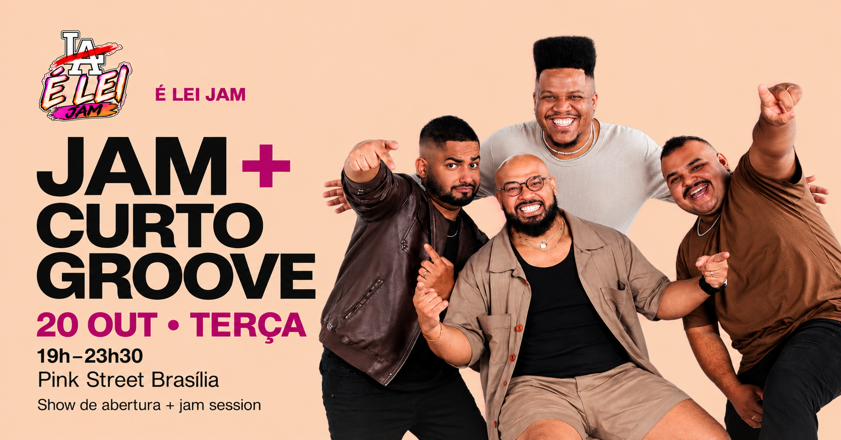 Capa É LEI JAM com os integrantes de Curto Groove, 20 de outubro